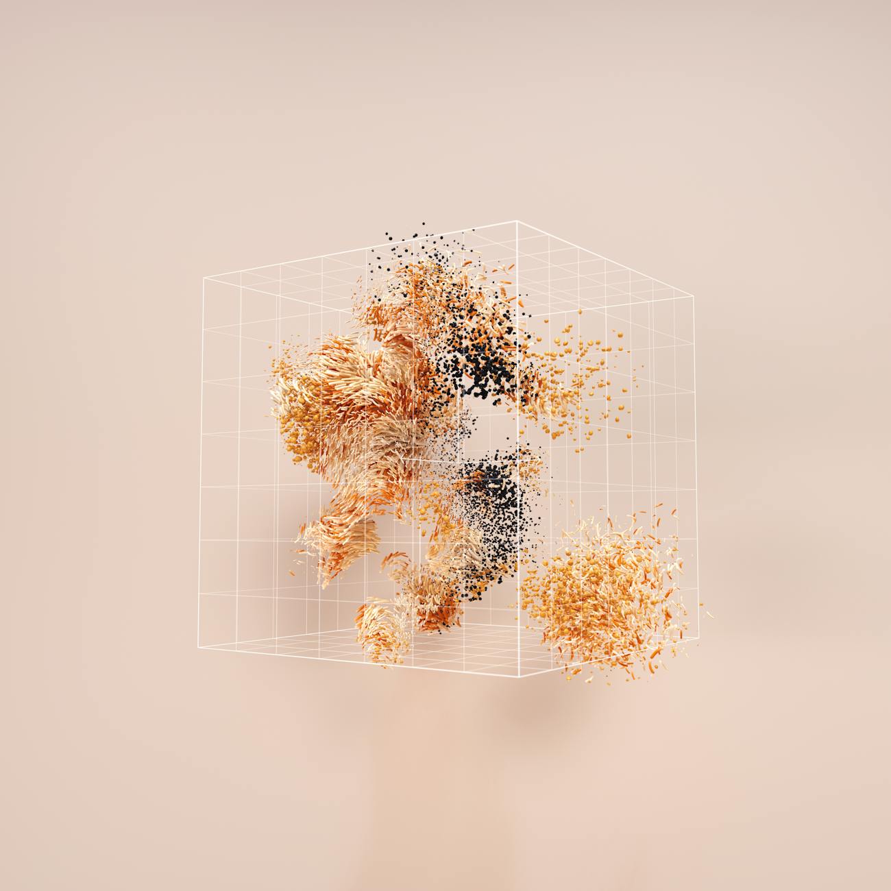 A conceptual 3D cube displaying abstract data visualization with dynamic particles.