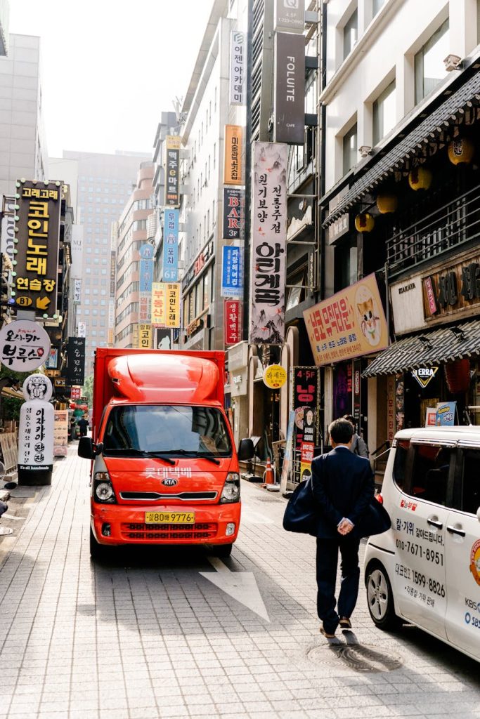 Vibrant street view in Seoul showcasing urban architecture and daily life.